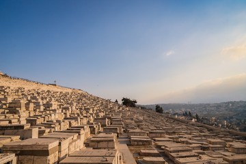 Ancient jewish cemetery on the Mount of Olives in Jerusalem, Israel. Evening light