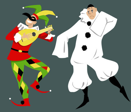 Harlequin and Pierrot of Commedia dell'arte characters, EPS 8 vector illustration