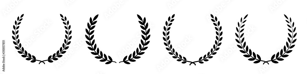 Wall mural set black silhouette circular laurel foliate, wheat and oak wreaths depicting an award, achievement,