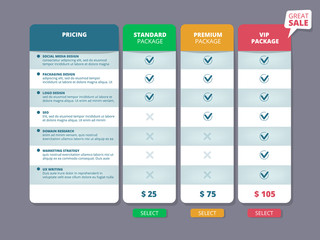 Tariff plans. Web ui template offers columns charts selection pricing discount service comparison vector. Illustration price plan, template web table