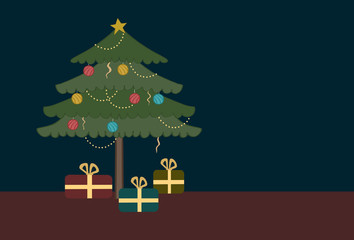 Geometric 2D flat illustration of a decorated Christmas Tree with Gift Boxes under it on Dark Background