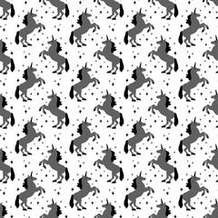 Seamless monochrome colors pattern with repeat unicorn silhouette. Stock vector illustration. Cute magic background for fantasy room wallpaper, wrapping paper, fabric textile print, web banner