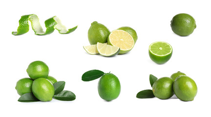 Set of fresh ripe limes on white background