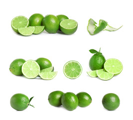 Set of fresh ripe limes on white background