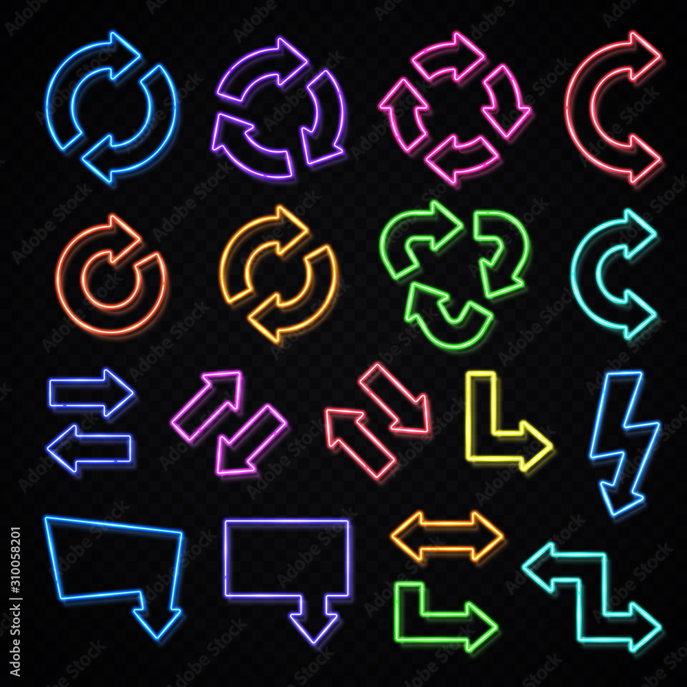 Aufkleber neon lights arrows vector set isolated on black background. color shining retro light pointer sign c