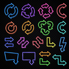 Neon lights arrows vector set isolated on black background. Color shining retro light pointer sign collection. Dark night bar design direction symbol elements. Bright electricity glowing illustration.