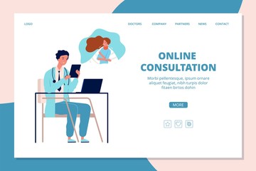 Online doctor landing page. Internet treatment, medicine help vector web banner. Medical help online, hospital doctor web page illustration