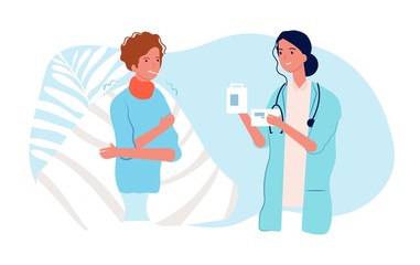 Person have flu. Man sickness ache in the body and doctor with medication. Healthcare, medical treatment vector illustration. Man catch flu, character ill and fever