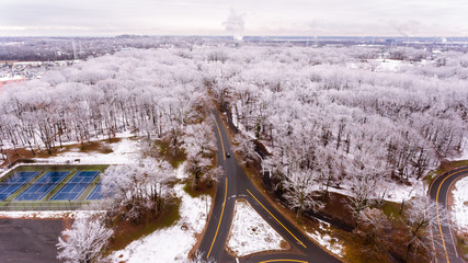 Snow Covered Tree with Road cross from Aerial view