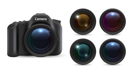 Realistic photo camera. 3D lenses isolated on white background. Photographic equipment vector set. Realistic camera lens, professional digital photography illustration