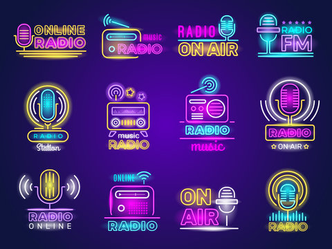 Radio neon. Broadcasting glow effect colored logo music show studio emblem live transmission vector. Radio light on air emblem or glowing signboard illustration