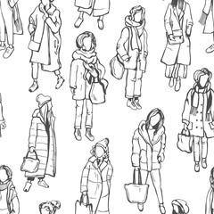 Winter women's fashion. Hand drawn girls on white background. Vector  seamless  pattern