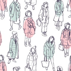 Winter women's fashion. Hand drawn girls on white background. Vector  seamless  pattern