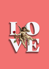 Valentines day love cupid image holding rose, poster size, blush pink and white
