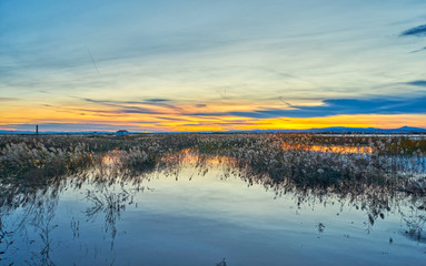 Sunset in the calm waters of the Albufera de Valencia, Spain.