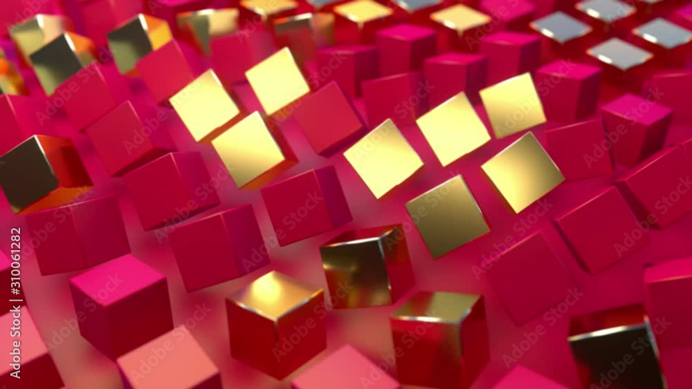 Poster abstract background with red and golden moving cubes. geometric footage with abstract wave effect. m