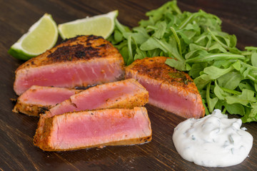 Cilantro Lime Seared Tuna Steak with Sour Cream Sauce and Arugula