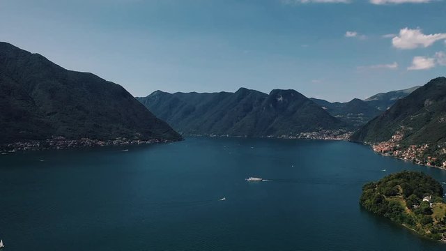 Drone takeoff over lake in Italy
