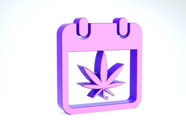Purple Calendar and marijuana or cannabis leaf icon isolated on white background. National weed day. Hemp symbol. 3d illustration 3D render