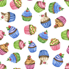 Seamless pattern with cupcakes isolated on white background. Watercolor cupcakes pattern. Background with sweet food. 