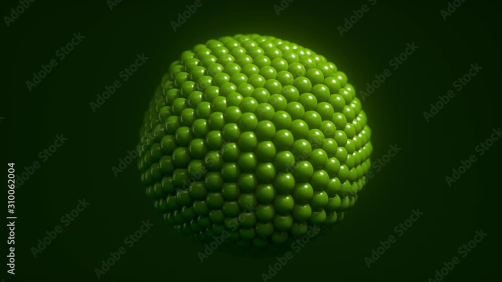 Poster green spheres cluster. abstract background with a virus cell. floating balls. motion design composit