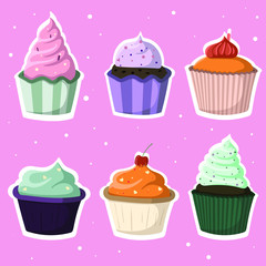 Set of six donuts of different colors.