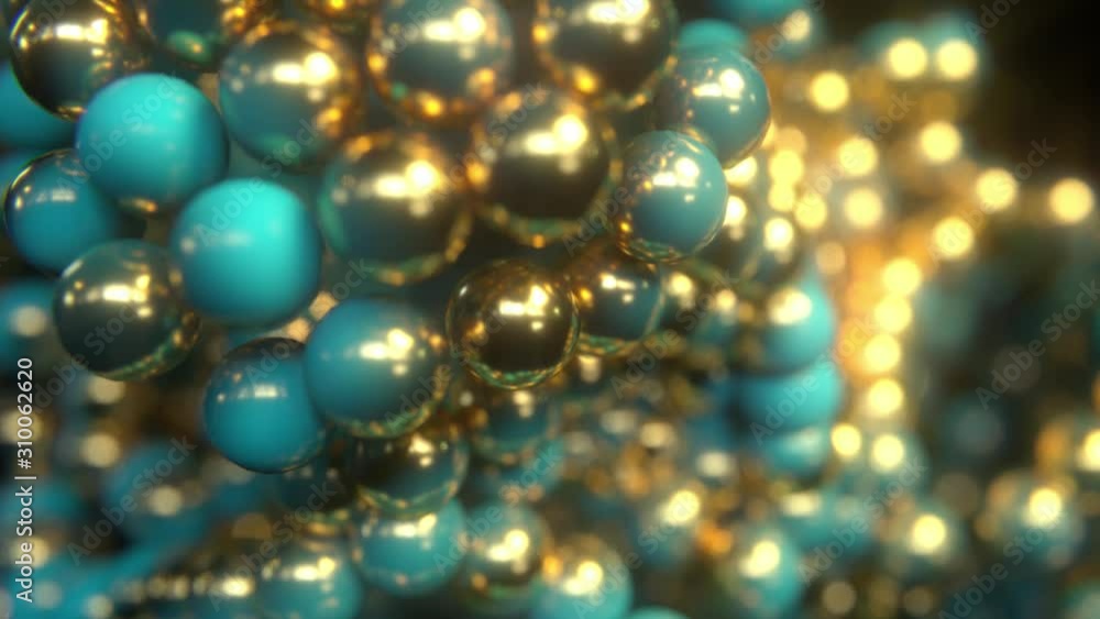 Poster turquoise and golden sparkling spheres animation. abstract background with colorful particles. float