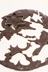 Home baking of the christmas cookies - cutting dough shapes of animals and symbols 