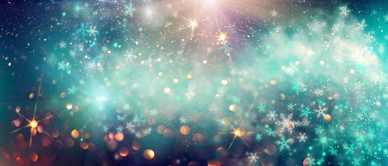 Gardinen Farbenfroh Winter Christmas and New Year glittering snow flakes swirl bokeh background, backdrop with sparkling blue stars, holiday garland, magic glowing stars, lights. Abstract Glitter Blinking sparks  © Subbotina Anna