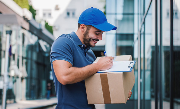 On Time. Courier Delivering Package