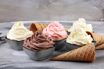soft ice cream in flavor vanilla, chocolate and strawberry. Delicous creamy refreshing ice cream