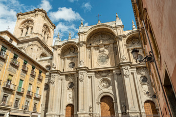 Facade of the historic Cathedral of Granada in Spain. South West front of Santa Maria de la Encarnacion Cathedral