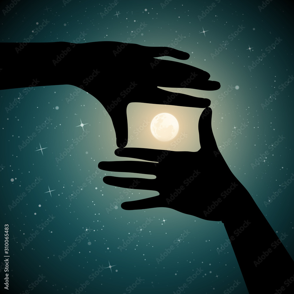Canvas Prints moon in framing hands on starry background. vector illustration with hand gesture silhouette showing