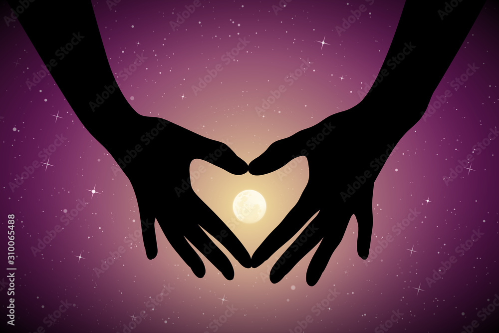 Canvas Prints heart shaped hands on moonlit night. romantic vector illustration with hand gesture silhouette on st