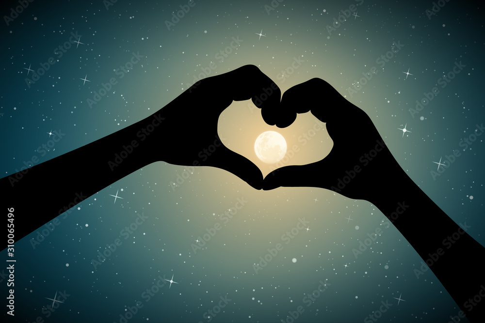 Canvas Prints heart shaped hands on moonlit night. romantic vector illustration with hand gesture silhouette on st