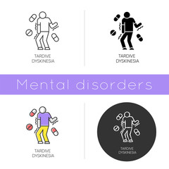 Tardive dyskinesia icon. Tremor from medication. Movement problem from neuroleptics. Chorea, athetosis. Mental disorder. Flat design, linear and color styles. Isolated vector illustrations