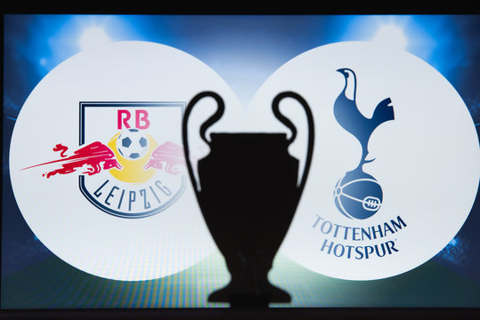 LEIPZIG, GERMANY, DECEMBER. 16. 2019: RB Leipzig (GER) vs Tottenham Hotspur (ENG). UEFA Champions League 2020, Round of 16 UCL football, Knockout stage, playoff, UCL trophy silhouette.