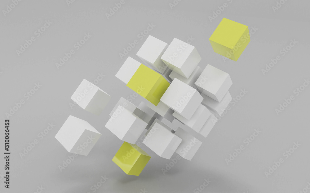 Poster white and yellow flying cubes and boxes in in front of white background abstract 3 render illustrati