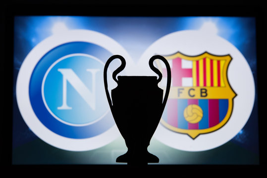 NAPLES, ITALY, DECEMBER. 16. 2019: SSC Napoli (ITA) vs FC Barcelona (SPA). UEFA Champions League 2020, Round of 16 UCL football, Knockout stage, playoff, UCL trophy silhouette.