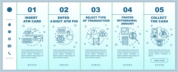 Payment guide onboarding mobile web pages vector template. Select transaction type. Responsive smartphone website interface idea, linear illustrations. Webpage walkthrough step screens. Color concept