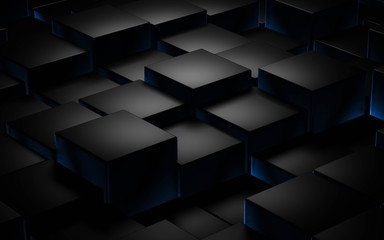 Black cube abstract texture with blue low key lighting background 3d illustration render