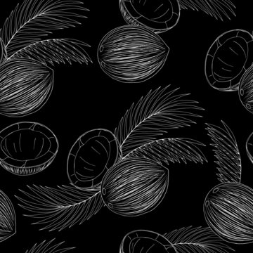 seamless pattern, images of coconuts and palm leaves, tropical illustration in gray, wallpaper ornament