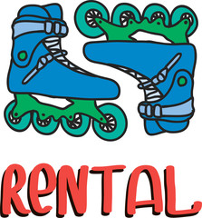 Rollers skates rental point. Rental poster for summer business. Inscription for poster, booklet, banners, flyer, promotions, advertising. Vector isolated on white background.