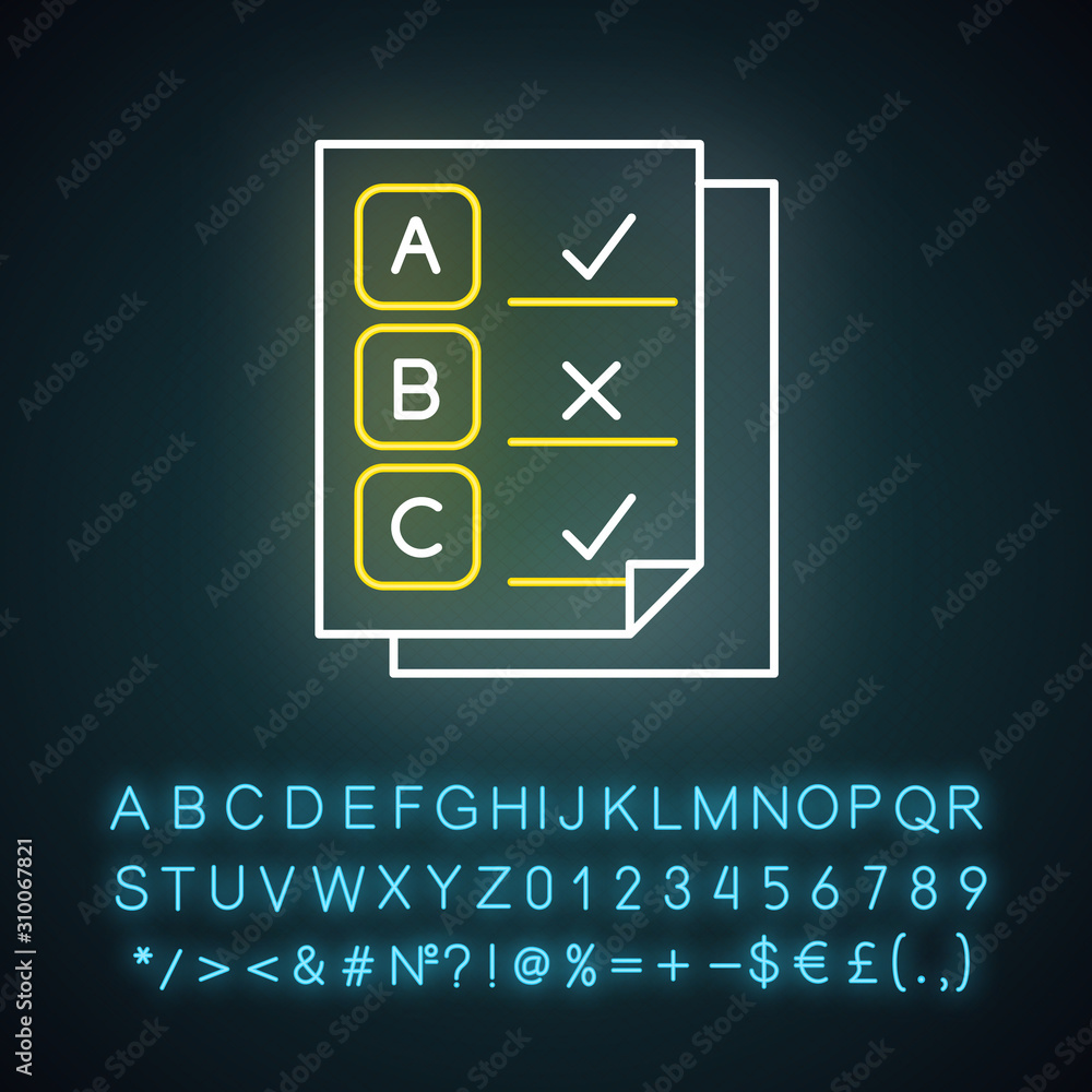 Aufkleber written survey neon light icon. exam. questionnaire page. choose multiple options. correct, wrong an