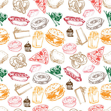 Painted color ink sketch of fast food pattern set vector