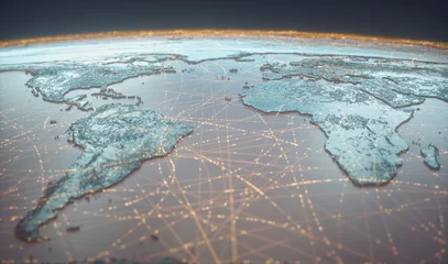  Globalized world, the future of digital technology. Connections and cloud computing in the virtual world. World map with satellite data connections. Connectivity across the world. © ktsdesign