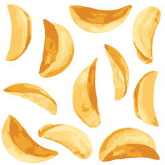 Yellow potato chips set watercolor illustrated vector pattern 