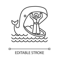 Jonah and whale linear icon. Old Testament story. Jonahs miraculous return from jaws of huge fish. Thin line illustration. Contour symbol. Vector isolated outline drawing. Editable stroke
