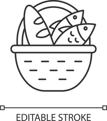 Bread and fish in basket linear icon. Feeding the multitude. Holy week. Miracle of Christ. New Testament. Thin line illustration. Contour symbol. Vector isolated outline drawing. Editable stroke