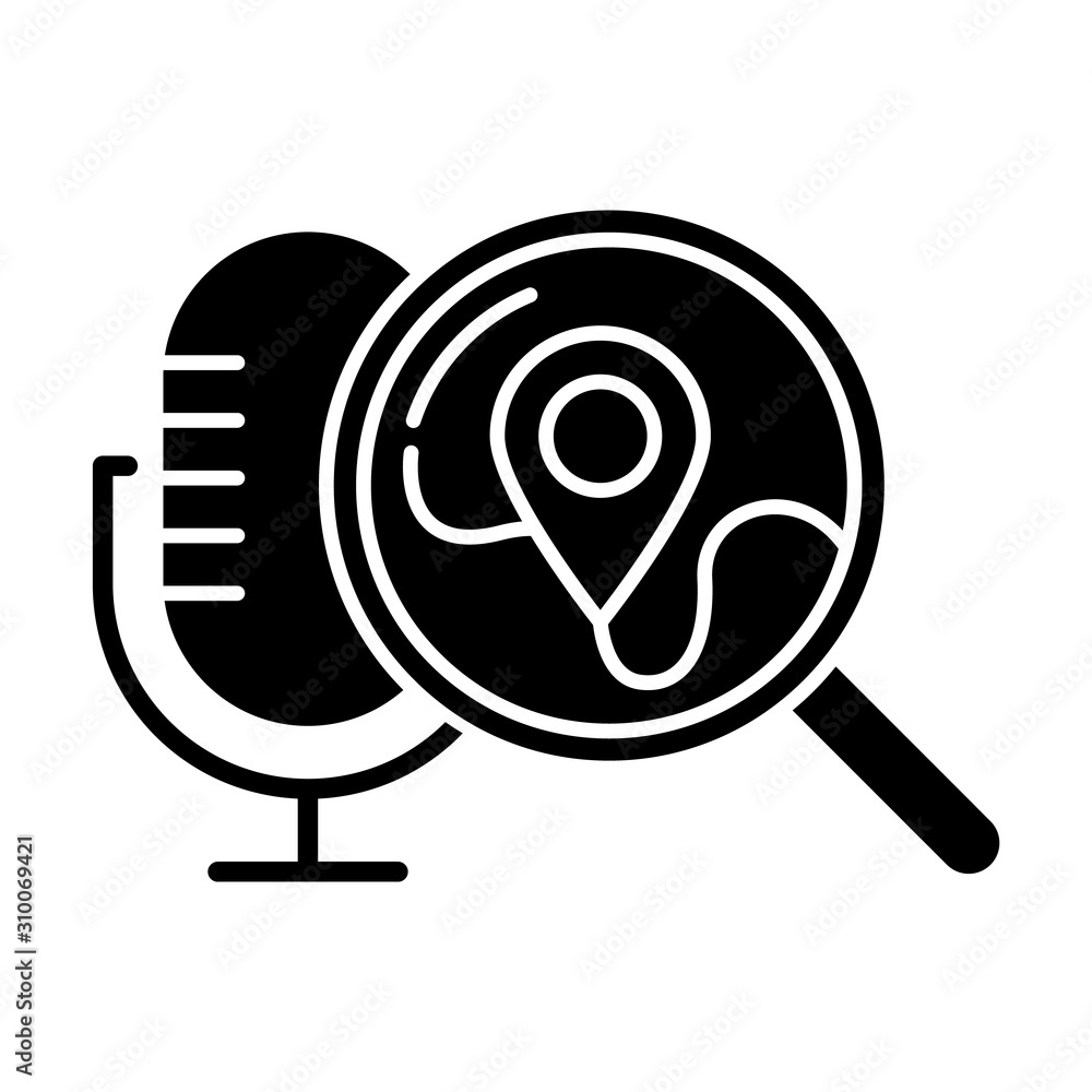 Poster geolocation voice request glyph icon. location search. sound control, microphone command, magnifying